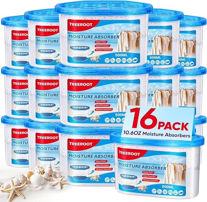 16 Pack Moisture Absorbers, 10.5 OZ Humidity Absorber Bucket, Moisture Absorbers for Closet, Dehumidifier Bucket for Wardrobes (Ocean Scent), Kitchens and Bathrooms