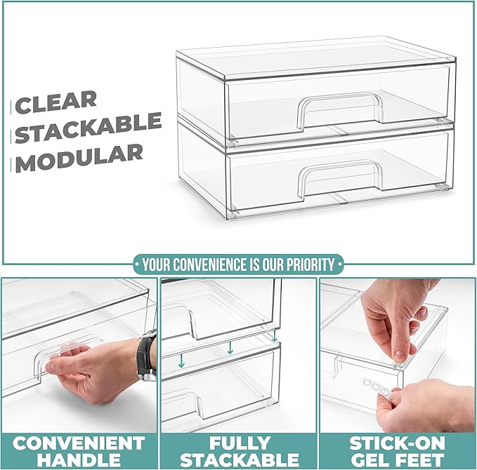Sorbus Wide Stackable Acrylic Storage Drawers, 2 Pack Clear Plastic Organizer Bins for Baby Bottles, Makeup, Bathroom, Vanity & Countertop Organization, Pull-Out Drawer Design for Cabinets & Pantry