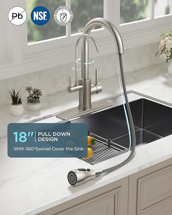 FORIOUS Kitchen Faucets with Water Filter, 2 in 1 Stainless Steel Pull Down Sink Faucet and Purfied Water Faucet High Arc Single Handle with Detachable Deck for 1 or 3 Hole, Brushed Nickel