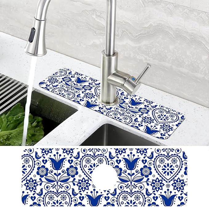 Vintage Bird Heart Floral Dish Drying Mat for Kitchen Sink Navy Blue Sink Splash Guard Faucet Mat Draining Mat Fast Drying Sink Protectors for Kitchen and Bathroom 5.5"×15"