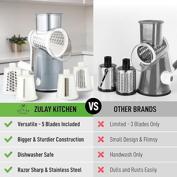 Zulay Kitchen Rotary Cheese Grater 5 Blade Cheese Shredder - Manual Hand Crank Cheese Grater With Reinforced Suction & 5 Interchangeable Drums - Easy to Use, Vegetable Chopper Round Mandoline Slicer