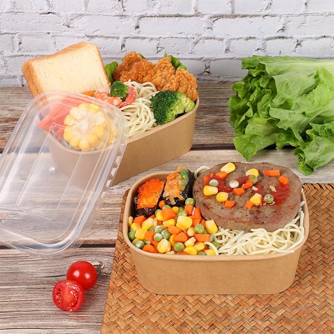 JAYEEY 28 oz Disposable Kraft paper bowls with lids, Rectangle Food containers Soup Bowls Party Supplies Treat Bowls 50 Pack