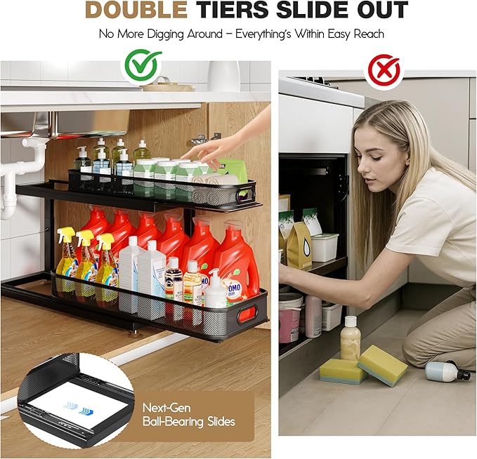 Biboraya 2-Pack 21.3 IN Depth Under Sink Organizer With Next-Gen Ball-Bearing Slides,Sophisticated Mesh 2-Tier Pull Out Shelf for Kitchen & Bathroom,Fits Small Items-Black