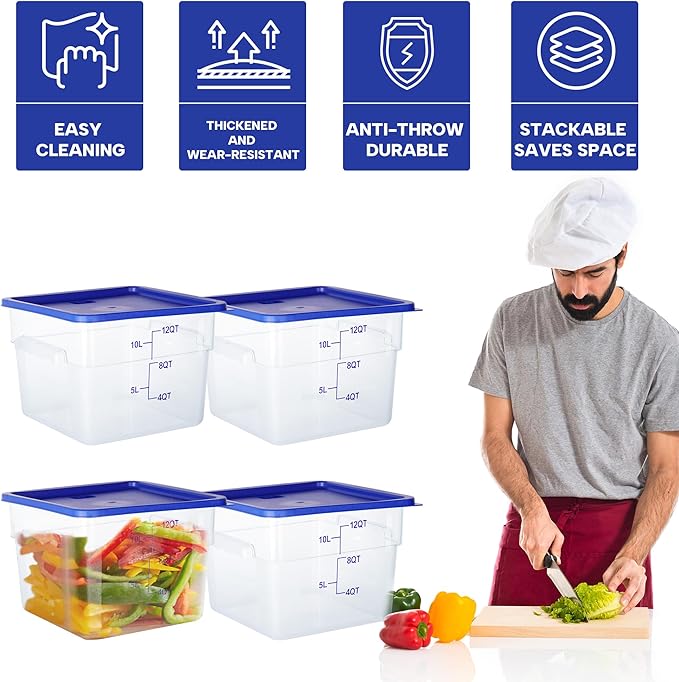 BIEAMA 4 Pack Food Storage Containers, 12 Quart with Lids, Square Commercial Containers with Scale, NSF, Polycarbonate, Clear