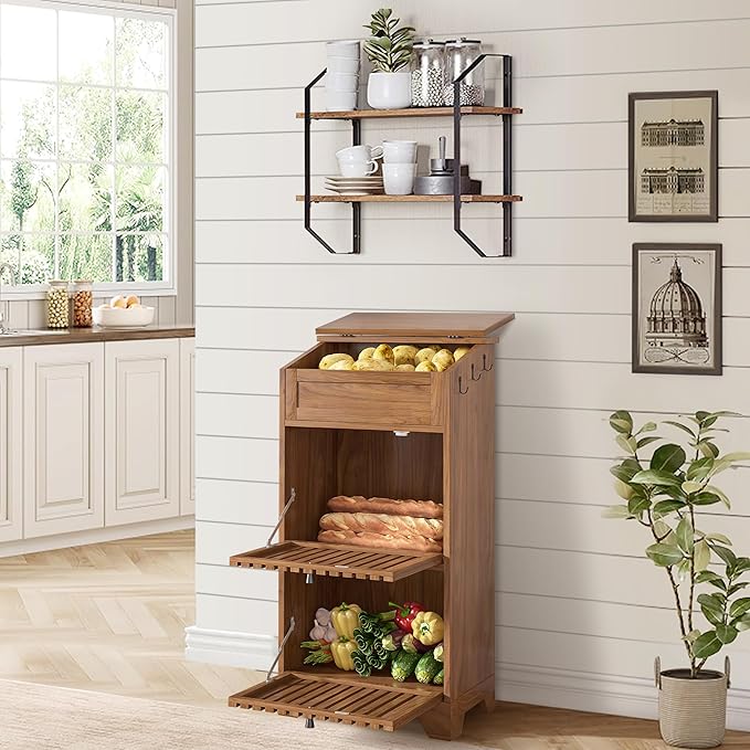 Potato and Onion Storage Bins Box, Mid Century Modern Fruit and Vegetable Storage, Small Food Kitchen Pantry Cabinet for Snack, Wooden Bread Storage for Homemade Bread, Farmhouse, Magnetic Flip-top