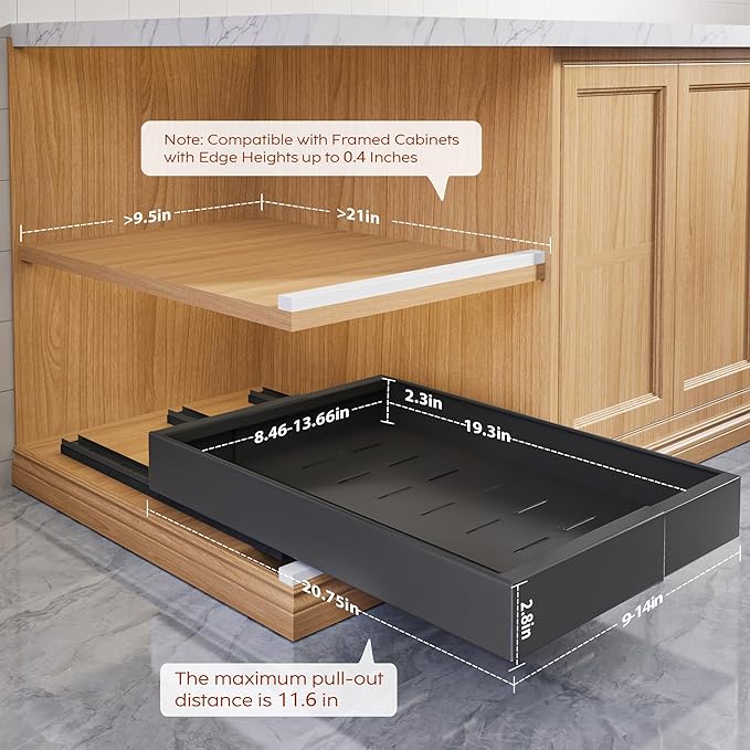 4 Pack Pull Out Cabinet Organizers 21" Deep With Raising Pad for Framed Cabinets, Expandable Width (9"-14") Slide Out Drawers Upgrade 3 Slide Rails, Roll Out Shelves Adhesive, Black