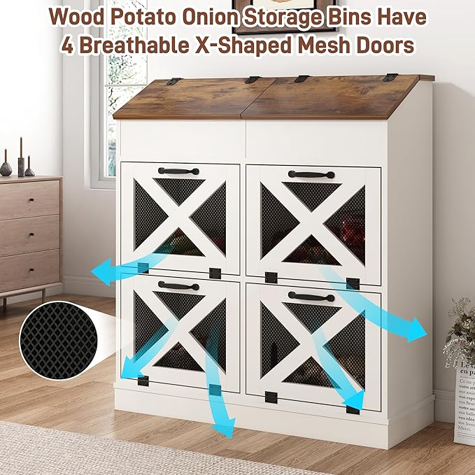 Large Wood Bread Box for Potato,Onion.Veggie Bin W/6 Large Storage Box.Root Vegetable Storage Box For Kitchen,Farmhouse Potato Storage Bin W/4 Mesh Doors,Bread Keeper for Toast,Bagel,Donut,Cookies