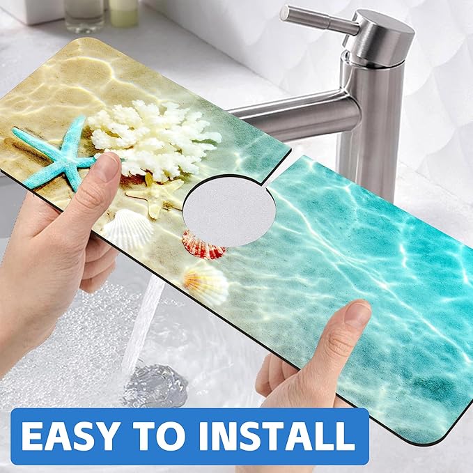 Beach Dish Drying Mat for Kitchen Sink Starfish Coral and Seashell Splash Guard Behind Faucet Sink Mat Absorbent Fast Drying Faucet Draining Mat for Bathroom Kitchen 5.5"×15"