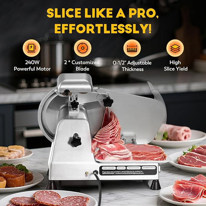 CGOLDENWALL Meat Slicer Machine with Teflon Non-stick Blade 240W Electric Meat Slicer for Frozen Meat/Deli Meat/Cheese/Food Slicer, Low Noises Commercial and Home Use