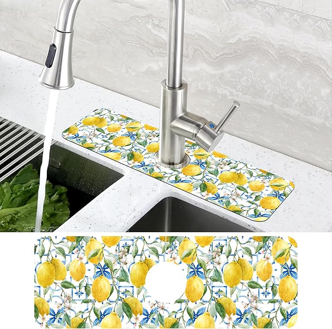 Yellow Lemons and Blue Tiles Sink Faucet Absorbing Mat Splash Guard Behind Faucet Sink Mat Absorbent Fast Drying Faucet Draining Mat for Bathroom Kitchen 5.5"×15"