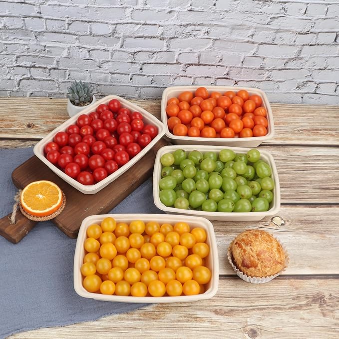 JAYEEY 32 oz Rectangle Disposable bowls with lids,Sugarcane Fibers Bowls take away food containers Plant Fibers Freezer Safe 50 Pack
