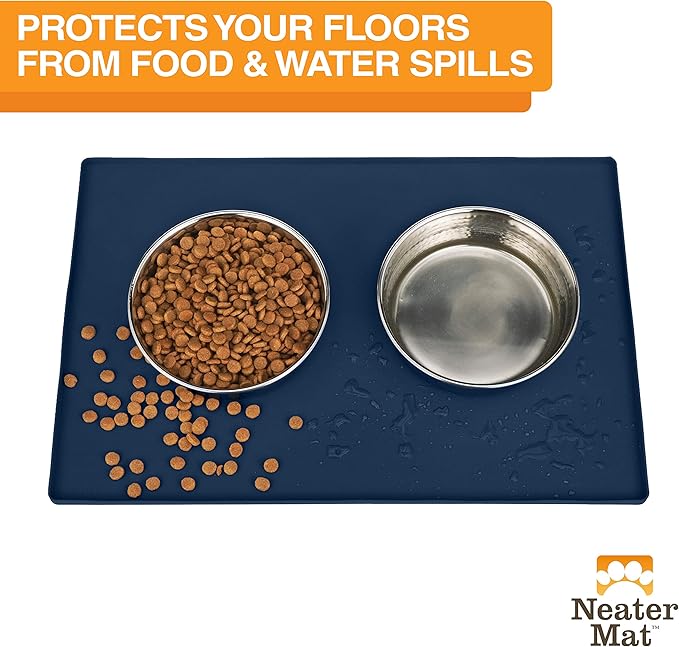 Neater Pet Brands Neater Mat Pet Mats for Food and Water, Cat & Dog Bowl Mat Waterproof Silicone, Feeding Tray, Dog Food Mats for Floors, Placemat w/Raised Edge for Under Bowls, 32" x 24", Dark Blue