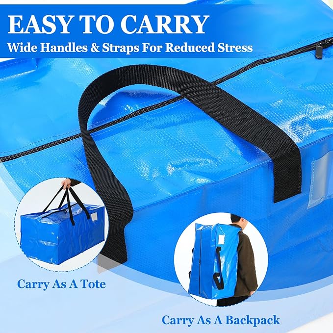 4 Pcs 24 Gallon Extra Large Moving Bags Heavy Duty Storage Bag with Strong Zipper Handle Foldable XXL Jumbo Storage Tote Packing Moving Box for College Dorm Travel Cloth Duffle (Blue)