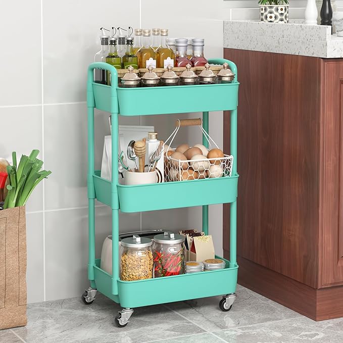 Sywhitta 3-Tier Plastic Rolling Utility Cart with Handle, Multi-Functional Storage Trolley for Office, Living Room, Kitchen, Movable Storage Organizer with Wheels, Green