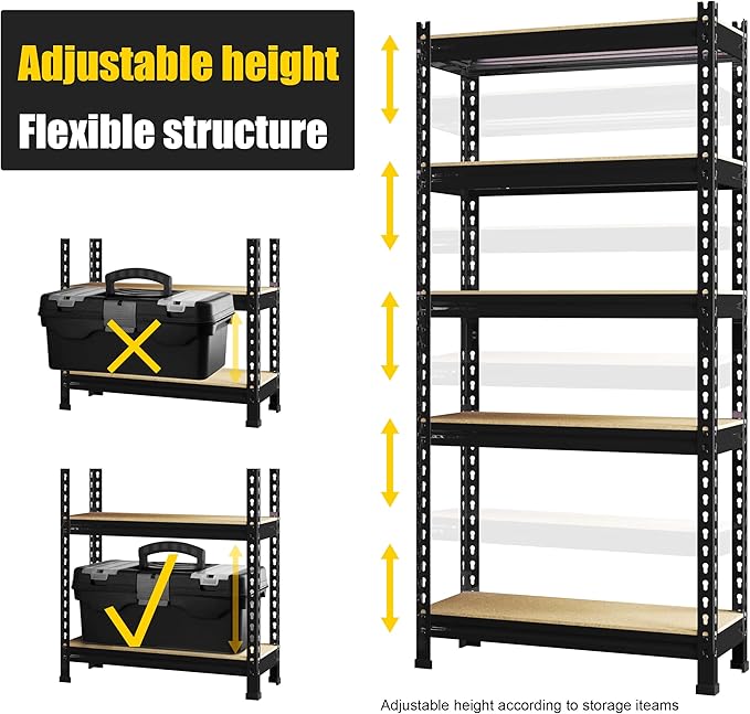 PrimeZone Storage Shelves 5 Tier Adjustable Garage Storage Shelving, Heavy Duty Metal Storage Utility Rack Organizer Shelf Unit for Warehouse Pantry Closet Kitchen Basement, 28" x 12" x 59", Black