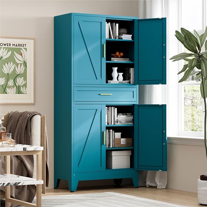 LCAOPC 71" Tall Pantry Storage Cabinet with Drawer and Adjustable Shelves, Freestanding Tall White Kitchen Cupboard Storage Cabinet for Kitchen,Dining Room, Living Room, Blue
