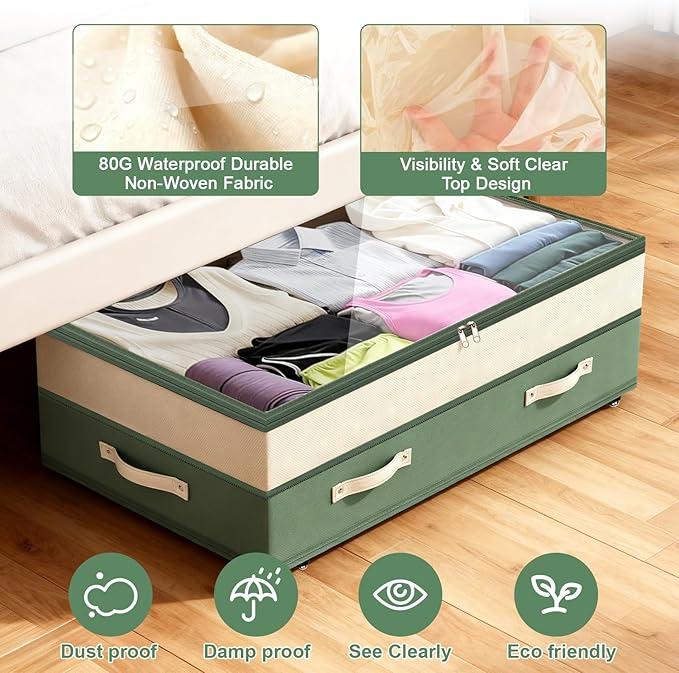 Dolicer 2 Pack Under Bed Storage with Wheels, 6in-10in Height Adjustable Underbed Storage Containers, 92L XXXL Under Bed Drawers Rolling Bin with Clear Lids for Dorm Shoes Clothes Organizers(Green)