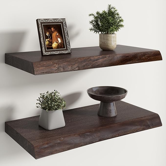 RICHFOCUS Live Edge Elm Floating Shelves - 24" W x 9.3" D Rustic Solid Wood Wall Shelves with Invisible Bracket, Wall-Mounted for Living Room, Bedroom, Kitchen Storage & Display, Set of 2, Walnut