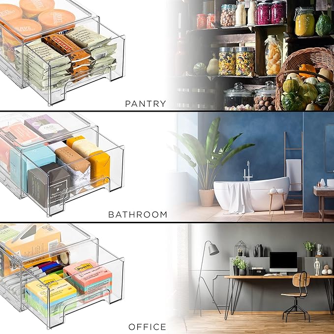 Sorbus Medium Clear Storage Drawers (6 Pack) – Stackable Organizer Drawers for Fridge, Pantry, Kitchen – Pull-Out Storage Bins with Handles, Slide Out Acrylic Drawers