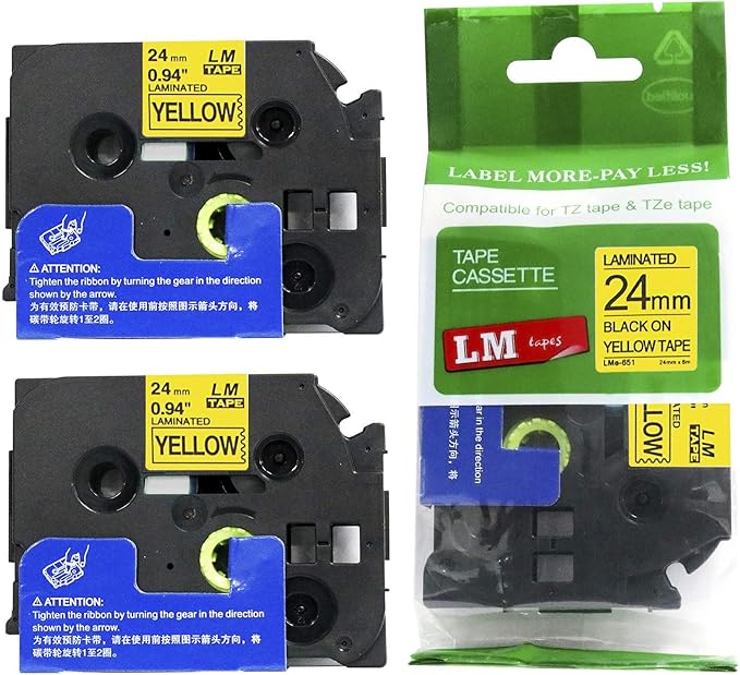 2/Pack LM Tapes - LMe651 Premium 1" Black Print on Yellow Label Compatible with Brother TZe-651 P-Touch and Includes Tape Color/Size Guide. Replaces TZe651 24mm 0.94 Laminated