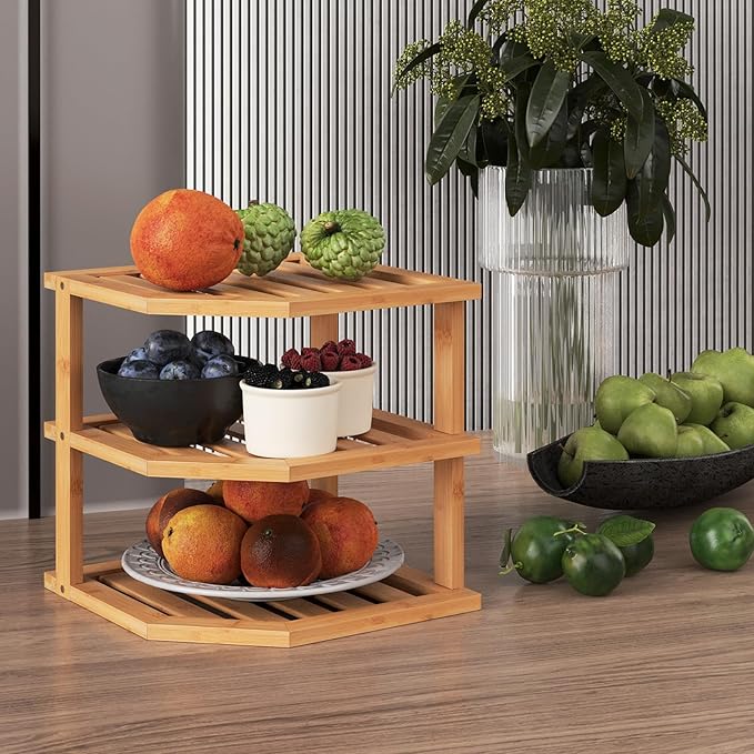 VERTORGAN 3 Tier Bamboo Corner Shelf(2 Pack),Dish Drying Rack,Plate Organizer,Kitchen Spice Rack for Countertop and Cabinet