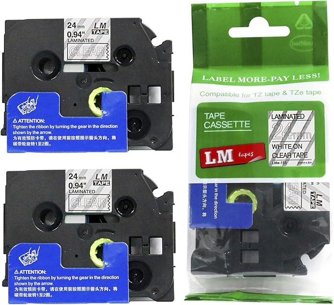 2/Pack LM Tapes - LMe155 Premium 1" White Print on Clear Label Compatible with Brother TZe-155 P-Touch and Includes Tape Color/Size Guide. Replaces TZe155 24mm 0.94 Laminated