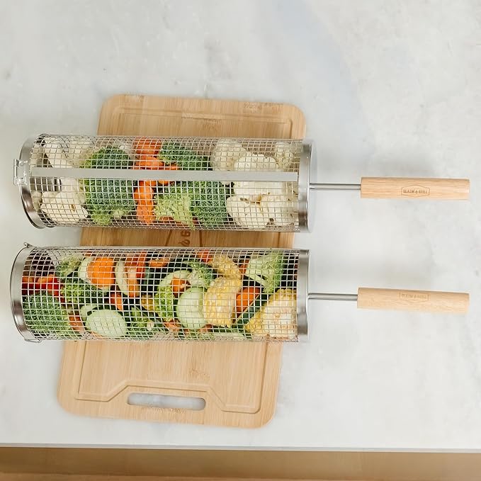 Blazin' Grill Rolling Grill Basket | Rolling Grilling Baskets for Outdoor Grilling 2 Pcs | Barbecue Grill Set with BBQ Gloves | Portable Camping Net Rack Perfect for Vegetables, Seafood & Meat