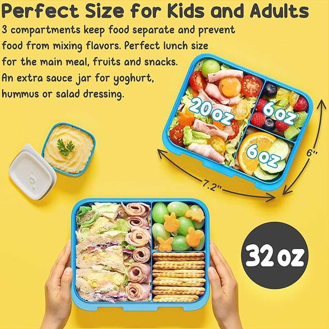 Fimibuke Bento Lunch Box for Kids with Food Jar, 32OZ Snack Lunch Container with 3 Compartments, Insulated Lunch Bag, 12OZ Leakproof Food Jar, Ice Pack Set for Age 3-12 Toddler Teen Girls Boys Daycare