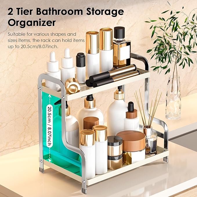 SanDream Bathroom Organizer Countertop, 2 Tier Bathroom Counter Organizer, Metal Sink Shelf for Makeup Bedroom Corner (White)