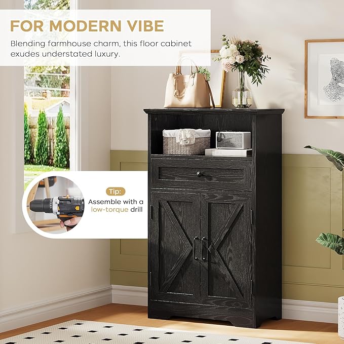 Viroformo Floor Cabinet, Farmhouse Storage Cabinet with Barn Doors and Drawer, 11.81" D x 23.62" W x 39.37" H Black Freestanding Adjustable Shelf Organizer for Bathroom, Kitchen, Living Room