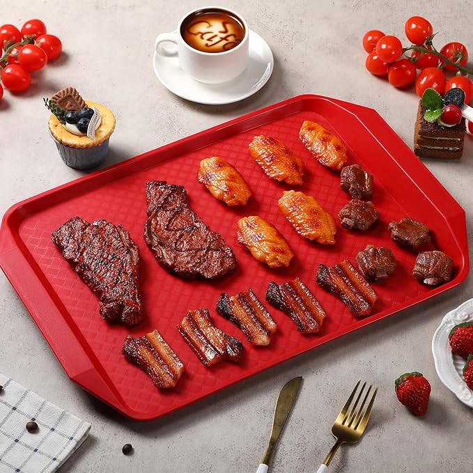 DoubleFill Set of 4 Grilling Prep and Serve Trays, 17x12 Inch Large BBQ Platter for Raw and Cooked Food, Cooking Meat Plastic Grilling Trays, Black and Red Stackable Defrosting Prep and Carry System