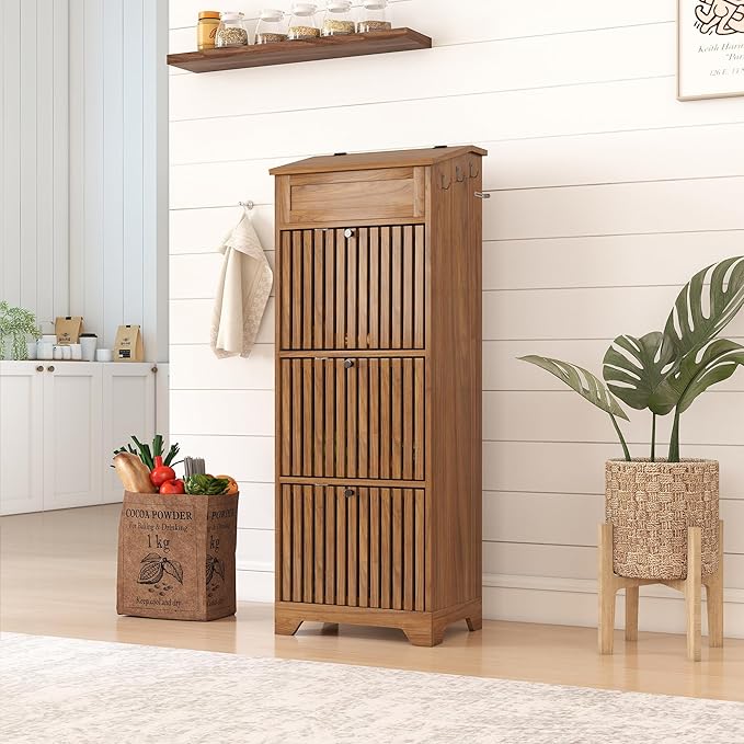 4 Tier Potato and Onion Storage Bins Box, Mid Century Modern Tall Large Fruit and Vegetable Basket Storage, Walnut Kitchen Pantry Cabinet for Snack, Wooden Bread Storage, Magnetic Flip-top