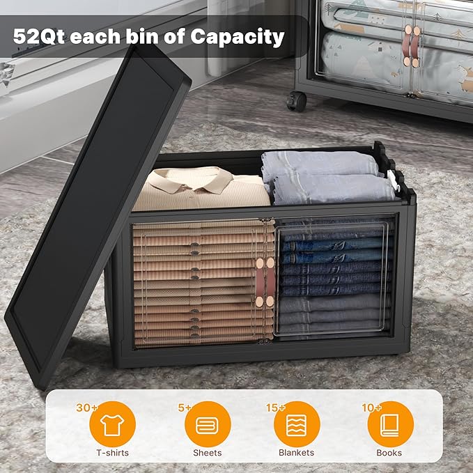 Extra Large Stackable Storage Bins with Lids & Wheels & Door, 156QT-52QT/13GAL*3Pack Foldable Collapsible Closet Organizers, Plastic containers drawers for bedroom Dorm