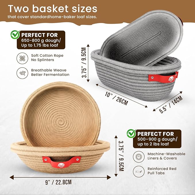 Riccle Sourdough Starter Kit – Bread Baking Supplies & Bread Making Tools with Cotton Rope Proofing Basket (9” Round & 10” Oval), Bread Lame with 15 Blades, Dough Whisk, Bowl Scraper & Silicone Brush