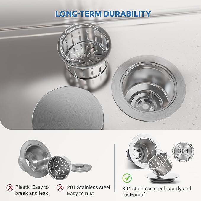 BOTEMY Stainless Steel Sink Drain Strainer 3-1/2 Inch Kitchen Sink Drain Assembly Kit with Removable Deep Sink Strainer Basket and Sink Stopper Flat Cover Replacement for Home Standard Kitchen Sinks