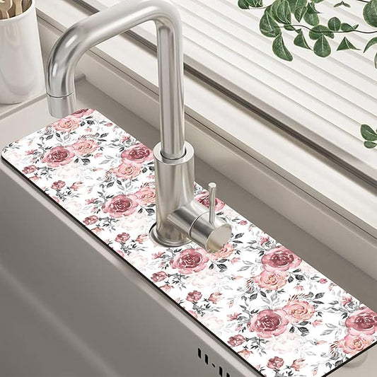 Pink Rose Floral Kitchen Sink Splash Guard Mat Absorbent Fast Drying Mat Faucet Draining Mat Sink Splash Guard Behind Faucet Drip Catcher for Kitchen Bathroom 5.5"×24"