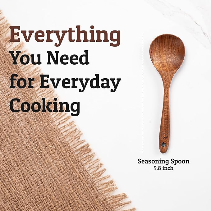 PriorityChef Wooden Spoon for Cooking – Handcrafted Teak Wood Serving Spoon, Non Toxic, Nonstick-Safe Kitchen Utensil for Stirring, Mixing & Everyday Serving