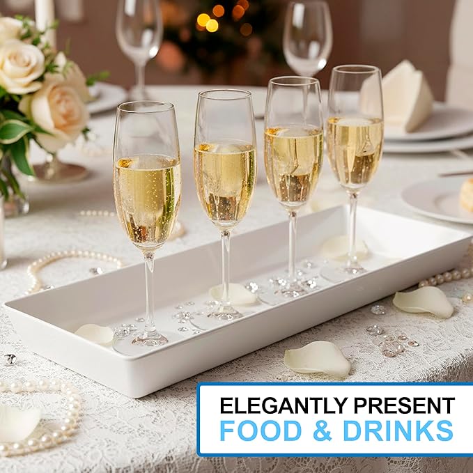 US Acrylic White Plastic Serving Trays (Set of 4) 15” x 5” | Narrow Unbreakable Reusable Rectangular Party Platters | Serve Appetizers, Fruit, Veggies, & Desserts | BPA-Free & Made in USA