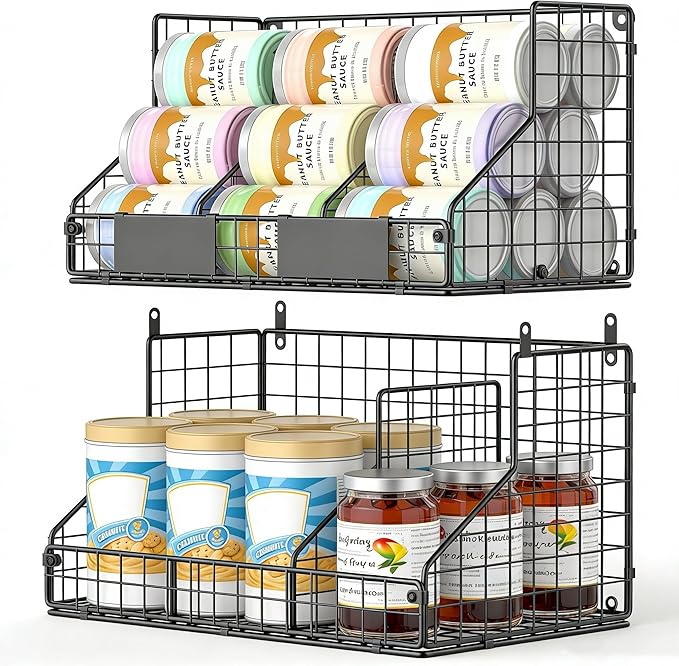 2 Tier Pantry Organizers and Storage Shelf, Stackable Can Organizer for Canned Food and Goods, Metal Wire Rack with 4 Adjustable Dividers Holds 60+ Cans for Under Cabinet Countertop