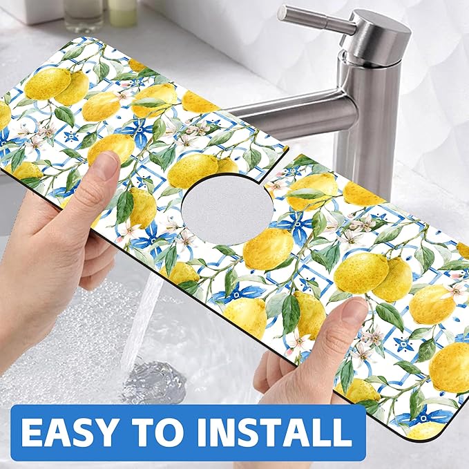 Yellow Lemons and Blue Tiles Sink Faucet Absorbing Mat Splash Guard Behind Faucet Sink Mat Absorbent Fast Drying Faucet Draining Mat for Bathroom Kitchen 5.5"×15"