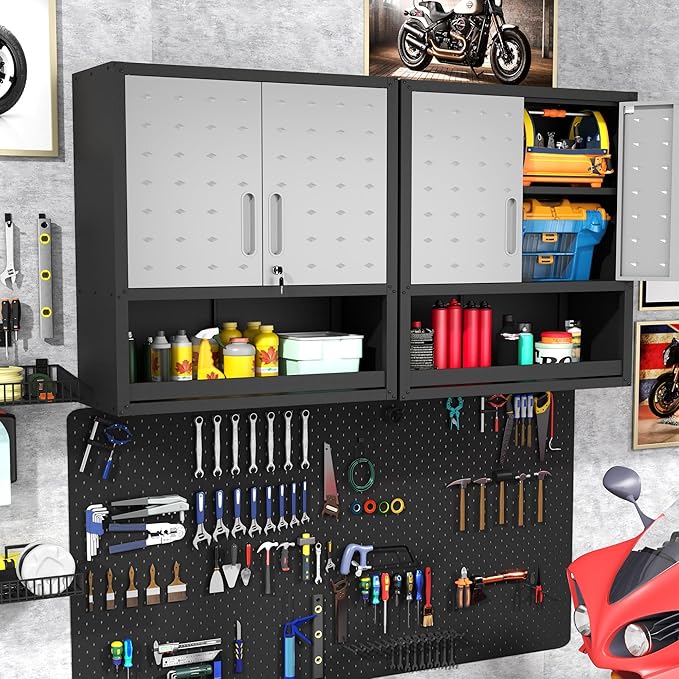 BIZOEIRON Metal Wall Cabinets with Doors and Shelves Black and Gray Garage Cabinets Wall Mounted Adjustable Storage Shelving Floating Garage Tool Cabinet,Wall Cabinet for Warehouse/Basement/Kitchen