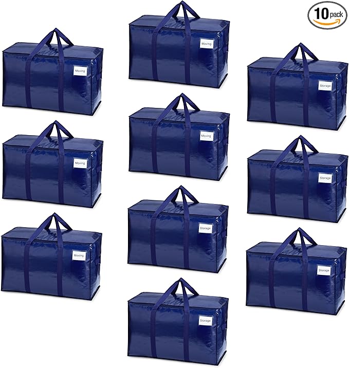 VENO 10 Pack Moving Bags, Heavy Duty, Moving Boxes Alternative, Packing Storage Supplies for Dorm Room Essentials with Zipper for Clothes, Extra Large Totes for Packaging (Blue, 10 Pack)