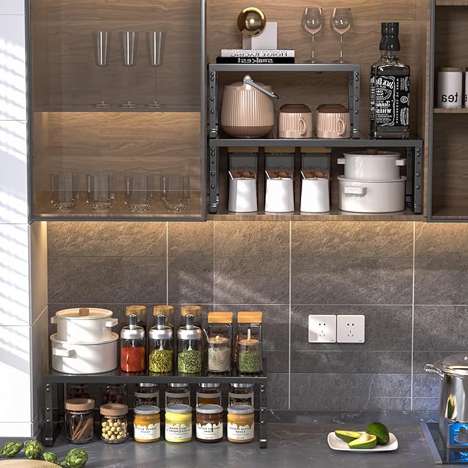 Ipotive Expandable Adjustable Cabinet Shelf Organizer - Stackable Metal Spice Rack for Kitchen Pantry, Countertop, Cupboard & Bathroom (1Pack/Black,Large)