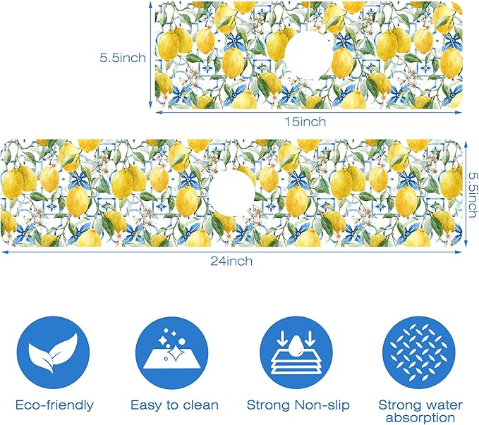 Yellow Lemons and Blue Tiles Sink Faucet Absorbing Mat Splash Guard Behind Faucet Sink Mat Absorbent Fast Drying Faucet Draining Mat for Bathroom Kitchen 5.5"×15"