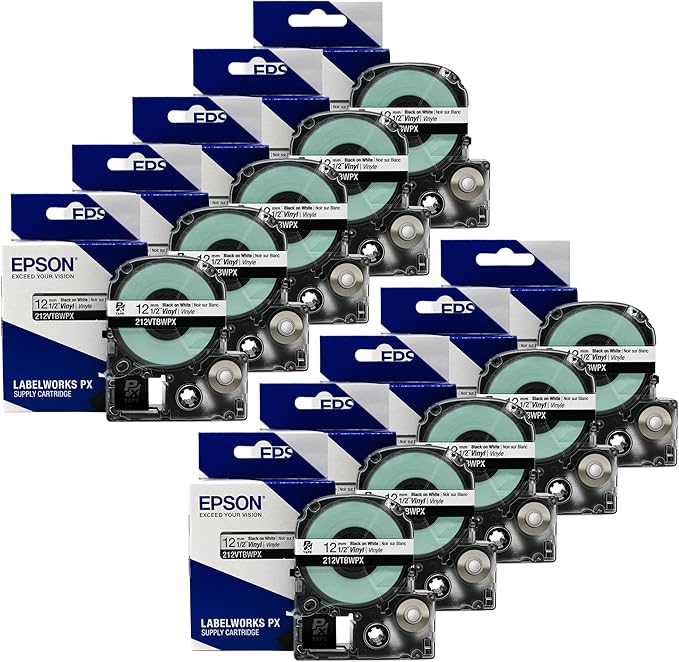 Epson LABELWORKS 212VTBWPX-10PK Genuine Tape Cartridge - 5 Pack Black on White Flexible and Durable Vinyl Industrial Label Maker Tape - 1/2" (12MM) Wide, 22.9 ft - 10 Cartridges