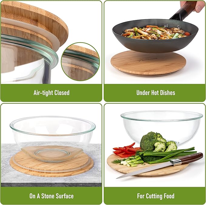 dokaworld Stackable Space-Saving Set of 5 Nesting Glass Bowls with Bamboo Lids for Foodprep, Storage, Baking, Mixing & Cooking, Microwave & Oven Safe BPA Free Heat Resistant Inert Borosilicate Glass