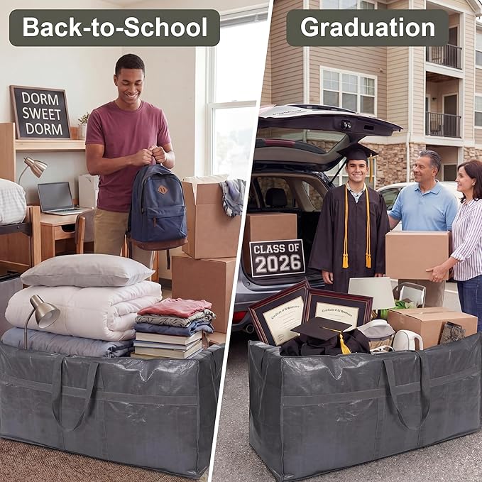 4 Pcs 66 Gallon Extra Large Moving Bags Heavy Duty Storage Bag with Strong Zipper Handle Foldable XXL Jumbo Storage Tote Packing Moving Box for College Dorm Travel Cloth Duffle (Gray)