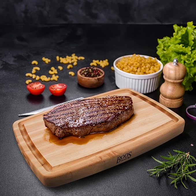 John Boos CB Series Rectangular Wooden Maple Cutting Board 20”x14” – 1.5” Thick, 12-lb Reversible Butcher Block with Rounded Edges, Juice Groove, Edge-Grain & Finger Grips – Made in the USA