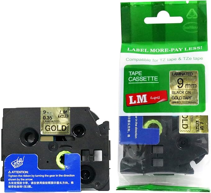 1/Pack LM Tapes - LMe821 Premium 3/8" Black Print on Gold Label Compatible with P-Touch TZe-821 Tape and Includes Tape Color/Size Guide. Replaces TZ-821 9mm 0.35 Laminated.