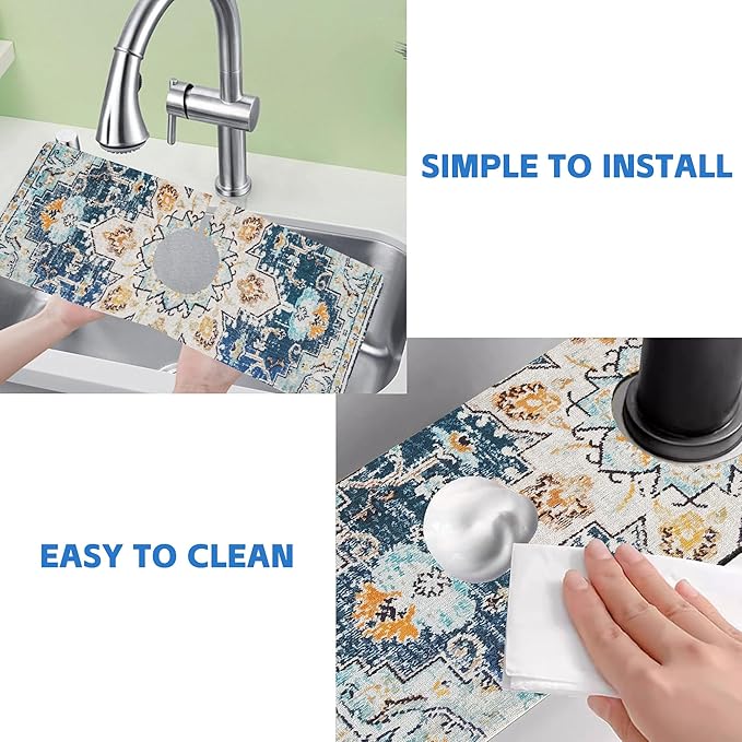 Oriental Blue Turkish Carpet Pattern Sink Faucet Absorbing Mat Sink Splash Guard Faucet Mat Draining Mat Fast Drying Sink Protectors for Kitchen and Bathroom 5.5"×15"